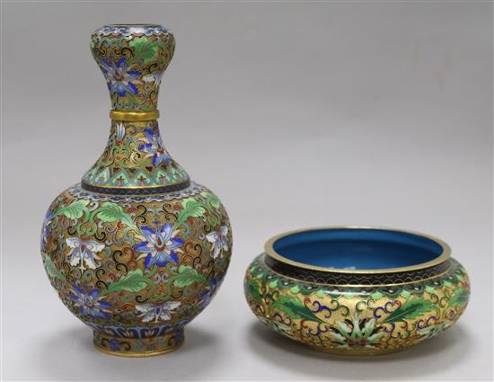 A Chinese cloisonne enamel vase and a dish vase height 21cm